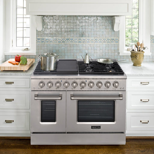 Akicon 48" Slide-in Freestanding Professional Style Gas Range with 6.7 Cu. Ft. Oven, 8 Burners, Convection Fan, Cast Iron Grates. Stainless Steel