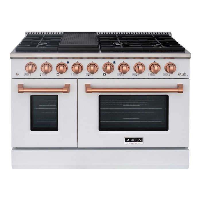 Akicon 48" Slide-in Freestanding Professional Style Gas Range with 6.7 Cu. Ft. Oven, 8 Burners, Convection Fan, Cast Iron Grates. White & Stainless Steel