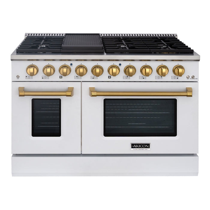 Akicon 48" Slide-in Freestanding Professional Style Gas Range with 6.7 Cu. Ft. Oven, 8 Burners, Convection Fan, Cast Iron Grates. White & Copper