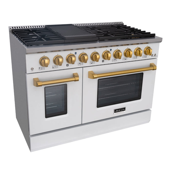 Akicon 48" Slide-in Freestanding Professional Style Gas Range with 6.7 Cu. Ft. Oven, 8 Burners, Convection Fan, Cast Iron Grates. White & Gold