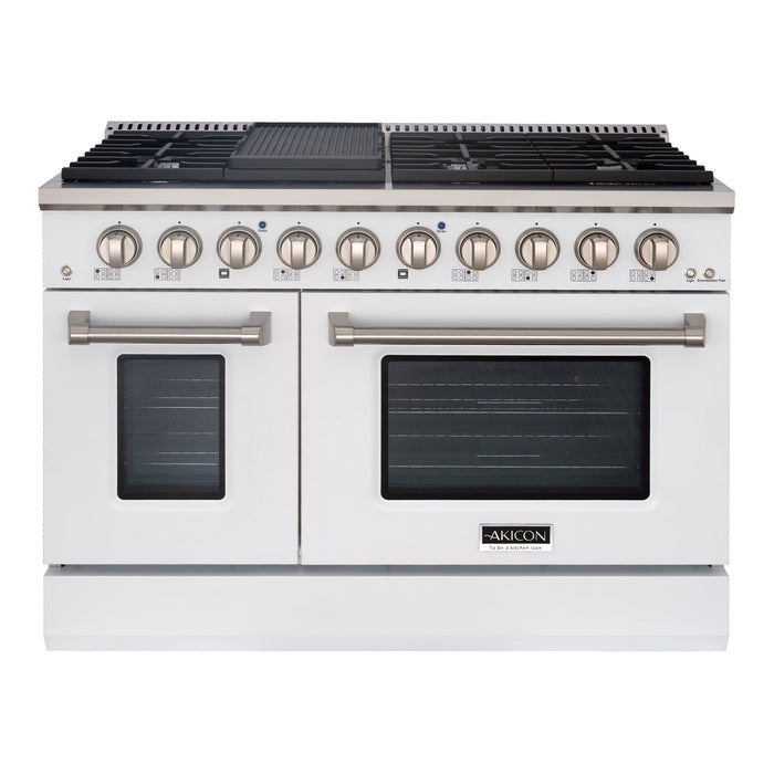 Akicon 48" Slide-in Freestanding Professional Style Gas Range with 6.7 Cu. Ft. Oven, 8 Burners, Convection Fan, Cast Iron Grates. White & Copper