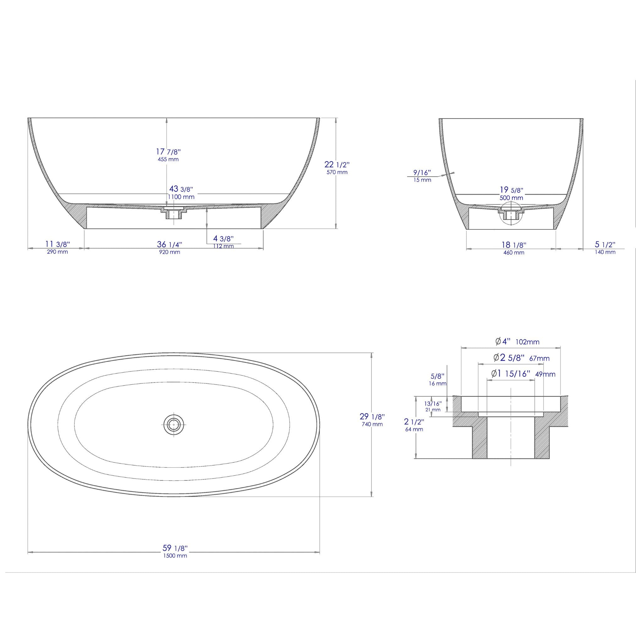 ALFI 59" Black & White Oval Freestanding Resin Bathtub - AB9975BM