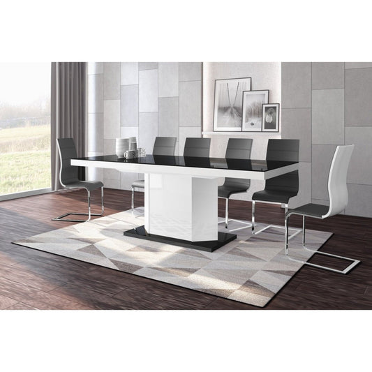 Maxima House Dining Set DIEGO 7 pcs. white modern glossy Dining Table with 2 self-starting leaves plus 6 chairs - HU0025K-104