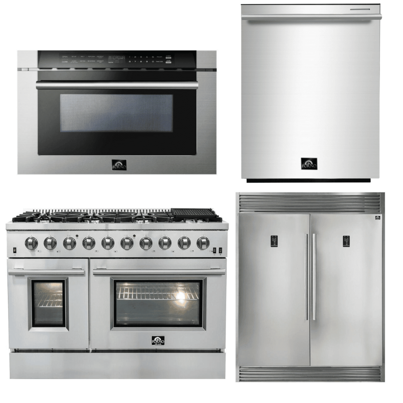 Forno Appliance Package - 48 Inch Gas Range, 60 Inch Refrigerator, Microwave Drawer, Dishwasher, AP-FFSGS6244-48-7