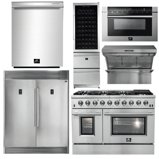 Forno Appliance Package - 48 Inch Gas Range, Range Hood, Refrigerator, Microwave Drawer, Dishwasher, Wine Cooler, AP-FFSGS6244-48-9