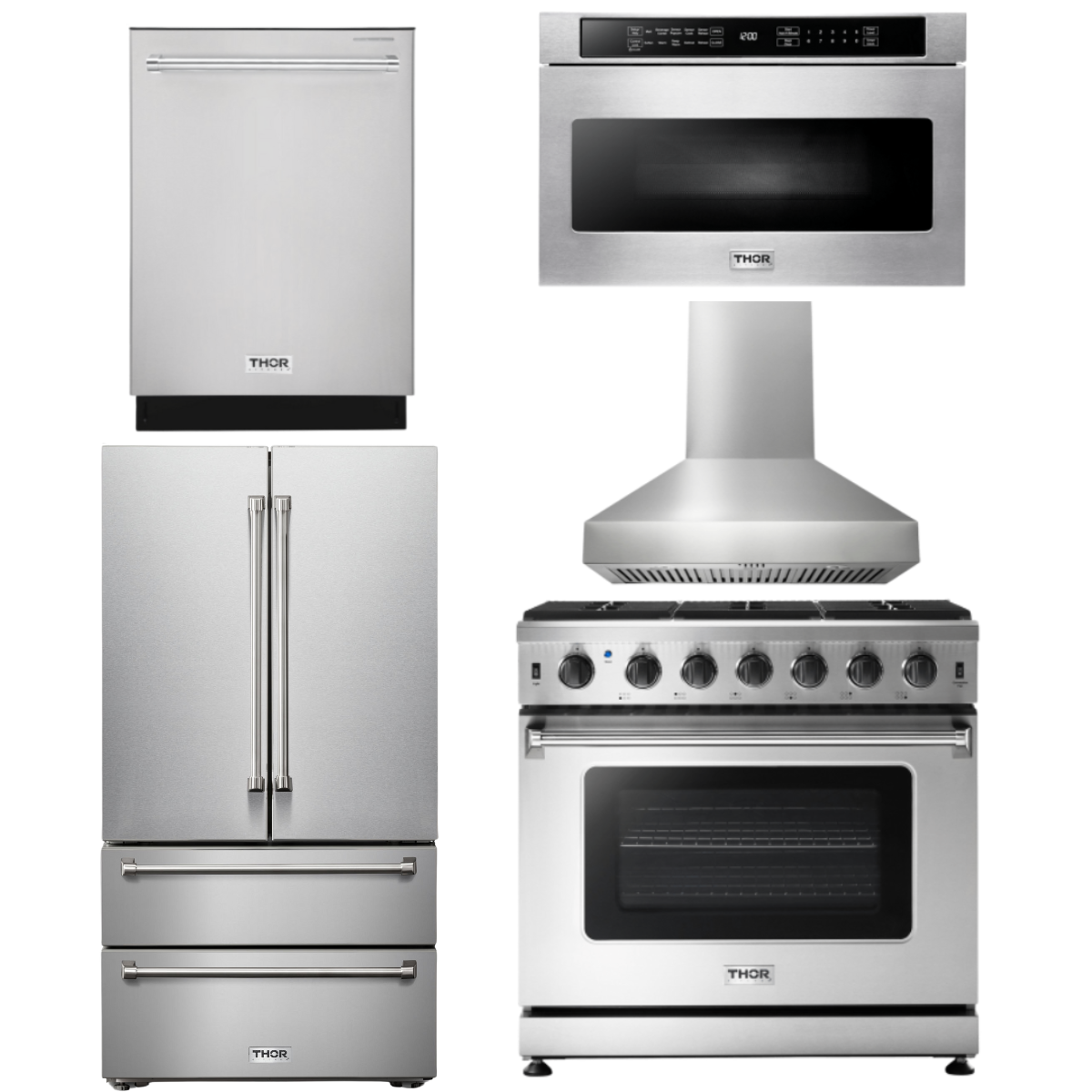 Thor Kitchen Package - 36 Inch Gas Range, Range Hood, Microwave, Refrigerator, Dishwasher, AP-LRG3601U-W-5