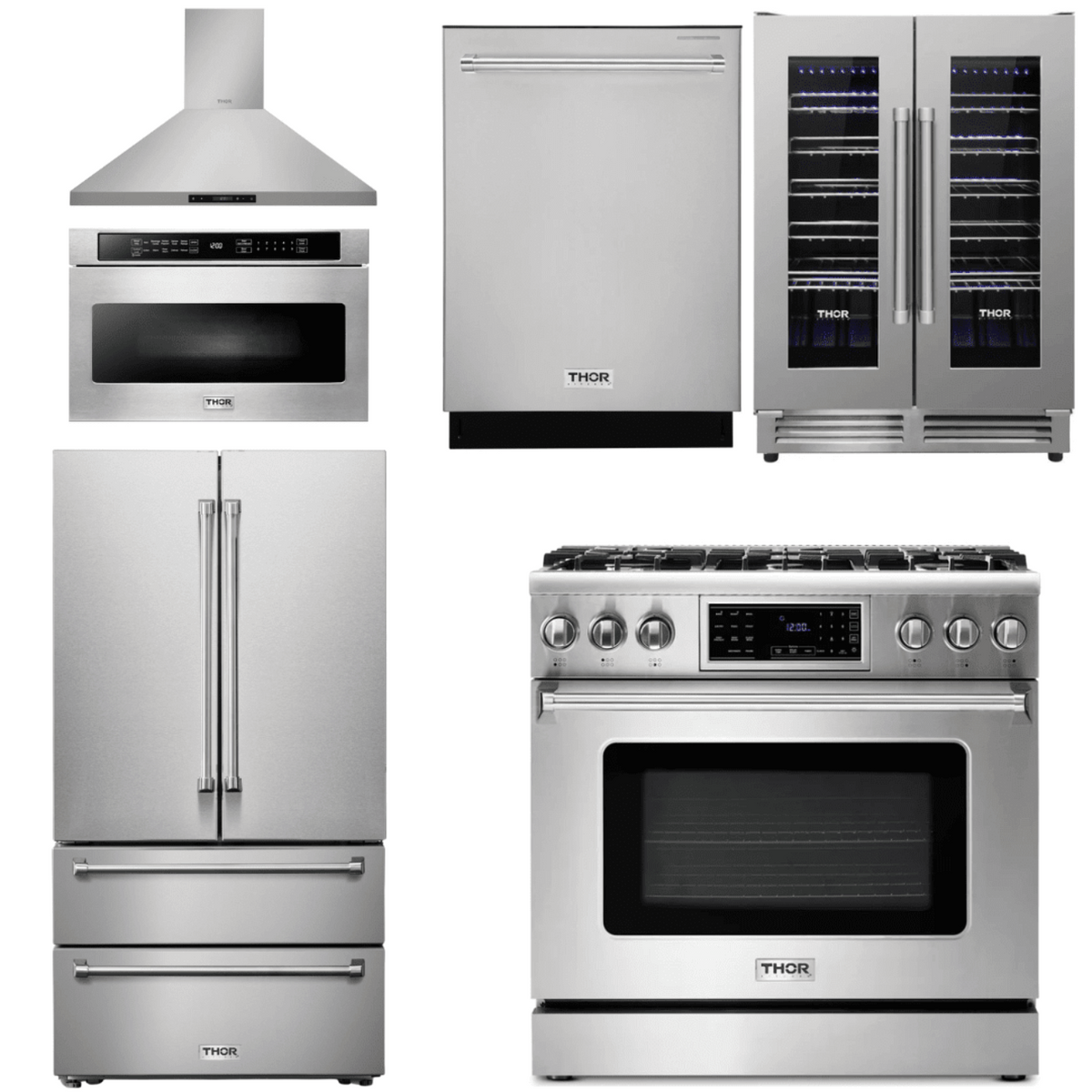 Thor Kitchen Appliance Package - 36 In. Gas Range, Range Hood, Microwave Drawer, Refrigerator, Dishwasher, Wine Cooler, AP-TRG3601-8