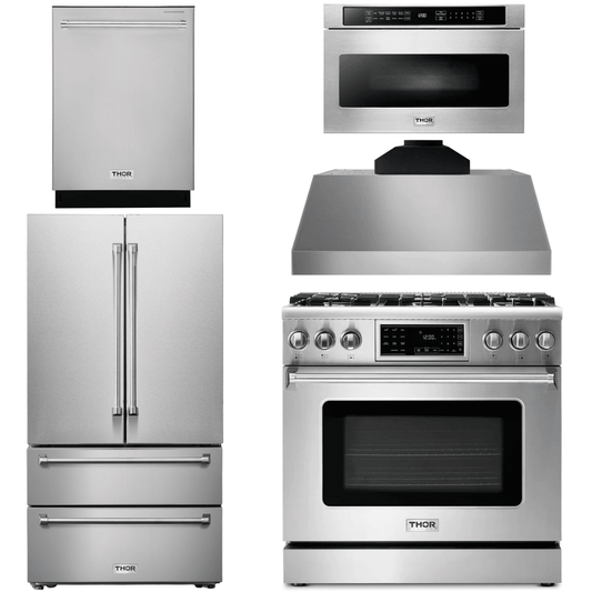 Thor Kitchen Appliance Package - 36 In. Gas Range, Range Hood, Microwave Drawer, Refrigerator, Dishwasher, AP-TRG3601-C-5