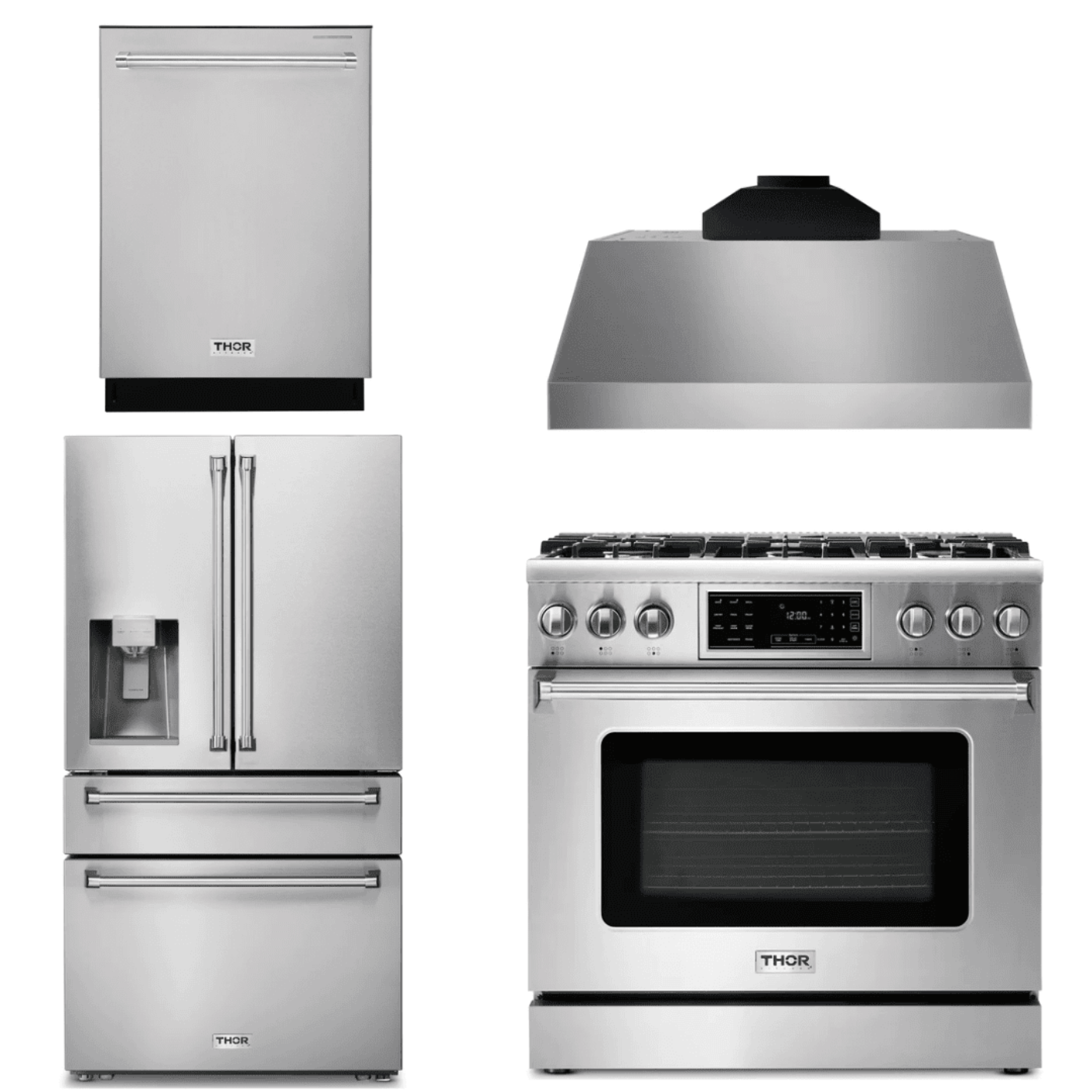 Thor Kitchen Appliance Package - 36 In. Gas Range, Range Hood, Refrigerator with Water and Ice Dispenser, Dishwasher,AP-TRG3601-C-7