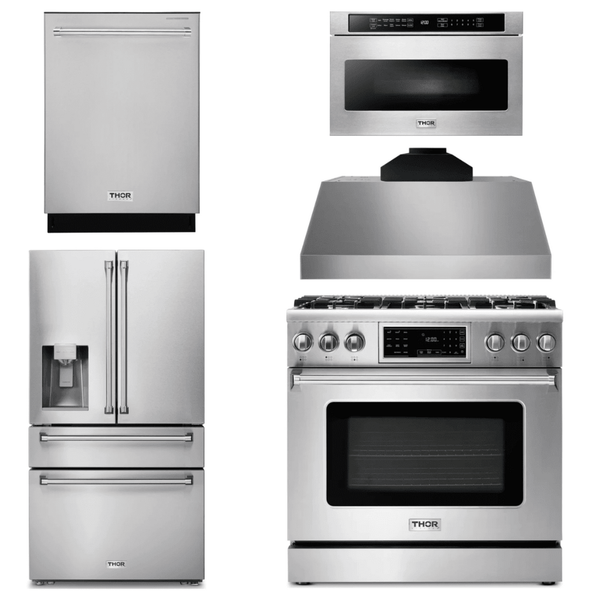 Thor Kitchen Appliance Package - 36 In. Gas Range, Range Hood, Microwave Drawer, Refrigerator with Water and Ice Dispenser, Dishwasher, AP-TRG3601-C-9