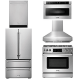 Thor Kitchen Appliance Package - 36 In. Gas Range, Range Hood, Microwave Drawer, Refrigerator, Dishwasher, AP-TRG3601-W-5