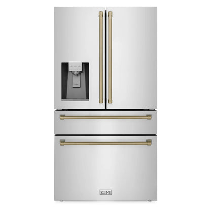 ZLINE Autograph Edition 4-Piece Appliance Package - 36-Inch Dual Fuel Range, Refrigerator with Water Dispenser, Wall Mounted Range Hood, & 24-Inch Tall Tub Dishwasher in Stainless Steel with Champagne Bronze Trim (4AKPR-RARHDWM36-CB)