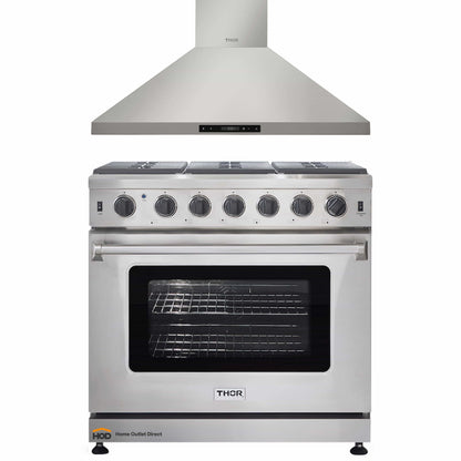 Thor Kitchen 2-Piece Appliance Package - 36-Inch Propane Gas Range  & Premium Wall Mount Hood in Stainless Steel - AP2-LRG36B-LP
