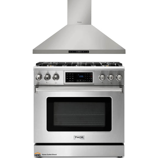 Thor Kitchen 2-Piece Appliance Package - 36-Inch Propane Gas Range, Tilt Panel & Premium Wall Mount Hood in Stainless Steel - AP2-TRG36B-LP