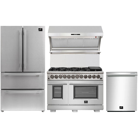Forno 4-Piece Pro Appliance Package - 48-Inch Dual Fuel Range, 36-Inch French Door Refrigerator, Wall Mount Hood with Backsplash, & Dishwasher in Stainless Steel - AP4-6187-48