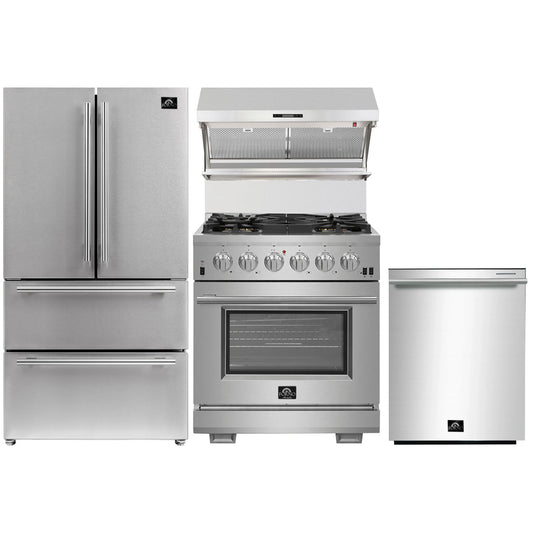 Forno 4-Piece Pro Appliance Package - 30-Inch Gas Range, French Door Refrigerator, Wall Mount Hood with Backsplash, and Dishwasher in Stainless Steel - AP4-6260-30