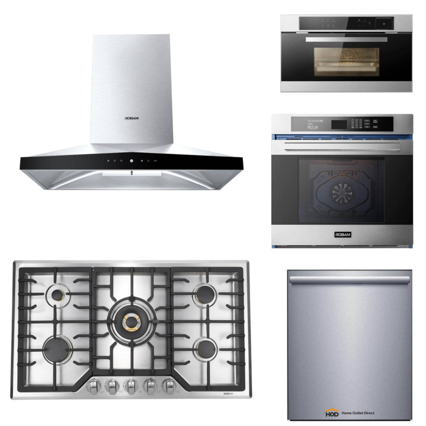 ROBAM 5-Piece Appliance Package - 36-Inch 5 Burners Gas Cooktop, Wall Mounted Range Hood, Dishwasher, Wall Oven, and Steam Combi Oven in Stainless Steel - AP5-G515-A837