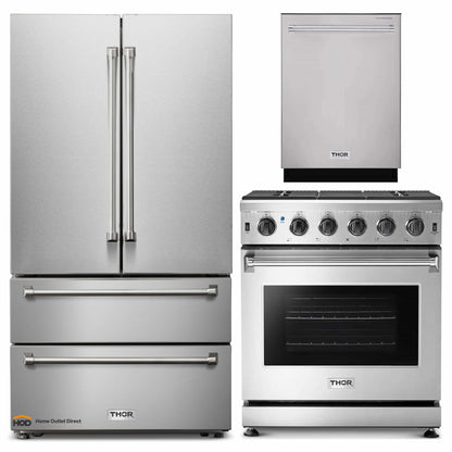 Thor Kitchen 3-Piece Appliance Package - 30-Inch Propane Gas Range, Dishwasher & Refrigerator in Stainless Steel - APR3-LRG30-LP