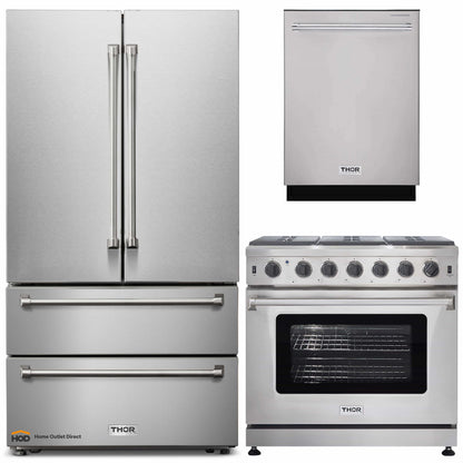 Thor Kitchen 3-Piece Appliance Package - 36-Inch Propane Gas Range, Dishwasher & Refrigerator in Stainless Steel - APR3-LRG36-LP