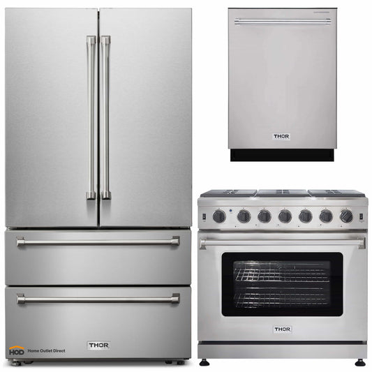 Thor Kitchen 3-Piece Appliance Package - 36-Inch Propane Gas Range, Dishwasher & Refrigerator in Stainless Steel - APR3-LRG36-LP