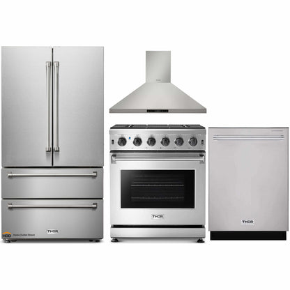 Thor Kitchen 4-Piece Appliance Package - 30-Inch Propane Gas Range, French Door Refrigerator, Wall Mount Hood, and Dishwasher in Stainless Steel - APR4-LRG30B-LP
