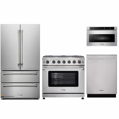 Thor Kitchen 4-Piece Appliance Package - 36-Inch Propane Gas Range, French Door Refrigerator, Dishwasher, and Microwave Drawer in Stainless Steel - APR4-LRG36-LP-MW