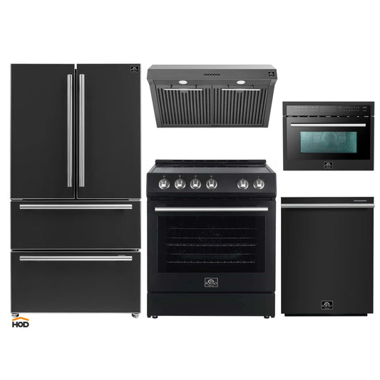 Forno 5-Piece Appliance Package - 30-Inch Electric Range, Under Cabinet Range Hood, Refrigerator, Dishwasher, and 24-Inch Microwave Oven in Black with Stainless Steel Trim - APR5-6012-30BLK-MWO24