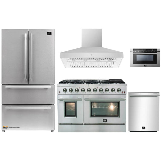 Forno 5-Piece Appliance Package - 48-Inch Gas Range, Refrigerator, Wall Mount Hood, 24-Inch Microwave Drawer, & 3-Rack Dishwasher in Stainless Steel - APR5-6244-48-H-MWD