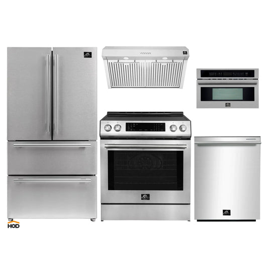 Forno 5-Piece Appliance Package - 30-Inch Induction Range, Under Cabinet Range Hood, French Door Refrigerator, Dishwasher, and 30-Inch Microwave Drawer in Stainless Steel - APR5-905-30-MWD30