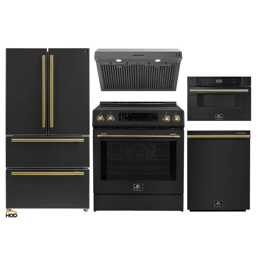 Forno 5-Piece Appliance Package - 30-Inch Induction Range, Under Cabinet Range Hood, French Door Refrigerator, Dishwasher, and 30-Inch Microwave Drawer in Black with Antique Brass Trim - APR5-905-30BLK-MWD30