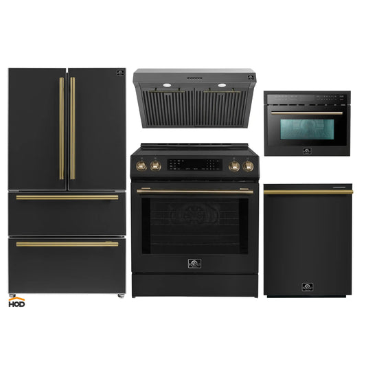 Forno 5-Piece Appliance Package - 30-Inch Inducton Range, Under Cabinet Range Hood, Refrigerator, Dishwasher, and 24-Inch Microwave Oven in Black with Antique Brass Trim - APR5-905-30BLK-MWO24