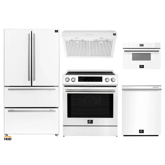 Forno 5-Piece Appliance Package - 30-Inch Induction Range, Under Cabinet Range Hood, French Door Refrigerator, Dishwasher, and 30-Inch Microwave Drawer in White with Stainless Steel Handle - APR5-905-30WHT-MWD30