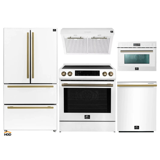 Forno 5-Piece Appliance Package - 30-Inch Inducton Range, Under Cabinet Range Hood, Refrigerator, Dishwasher, and  24-Inch Microwave Oven in White with Antique Brass Trim - APR5-905-30WHT-MWO24