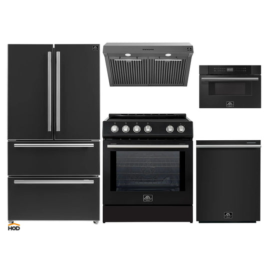 Forno 5-Piece Appliance Package - 30-Inch Induction Range, Under Cabinet Range Hood, French Door Refrigerator, Dishwasher, and 30-Inch Microwave Drawer in Black with Stainless Steel Trim - APR5-982-30BLK-MWD30