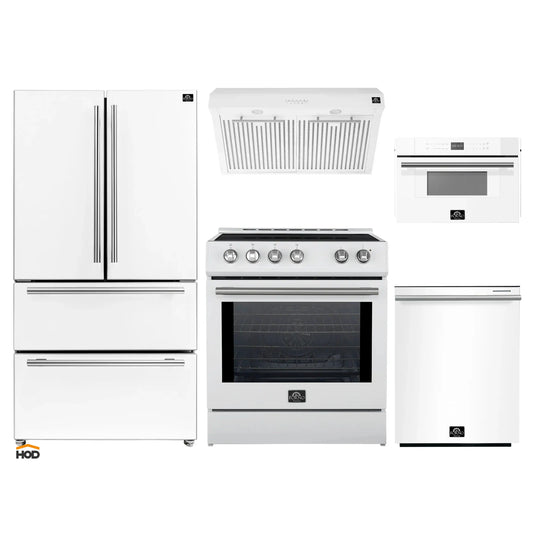 Forno 5-Piece Appliance Package - 30-Inch Induction Range, Under Cabinet Range Hood, French Door Refrigerator, Dishwasher, and 30-Inch Microwave Drawer in White with Stainless Steel Trim - APR5-982-30WHT-MWD30