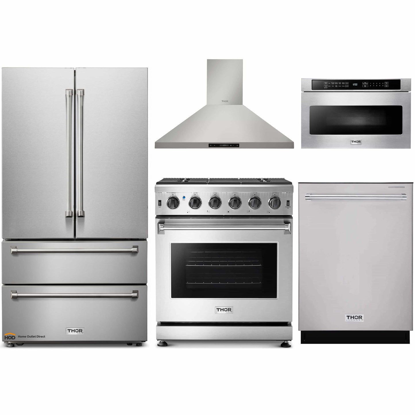 Thor Kitchen 5-Piece Appliance Package - 30-Inch Propane Gas Range, French Door Refrigerator, Wall Mount Hood, Dishwasher, and Microwave Drawer in Stainless Steel - APR5-LRG30B-LP