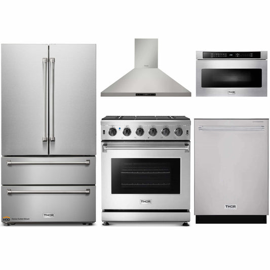 Thor Kitchen 5-Piece Appliance Package - 30-Inch Propane Gas Range, French Door Refrigerator, Wall Mount Hood, Dishwasher, and Microwave Drawer in Stainless Steel - APR5-LRG30B-LP