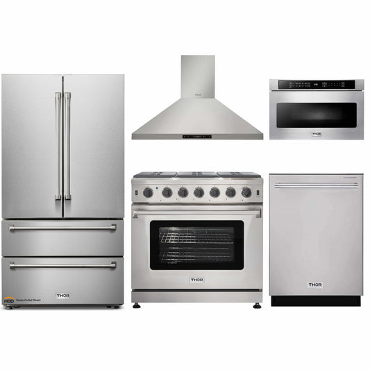 Thor Kitchen 5-Piece Appliance Package - 36-Inch Propane Gas Range, French Door Refrigerator, Wall Mount Hood, Dishwasher, and Microwave Drawer in Stainless Steel - APR5-LRG36B-LP