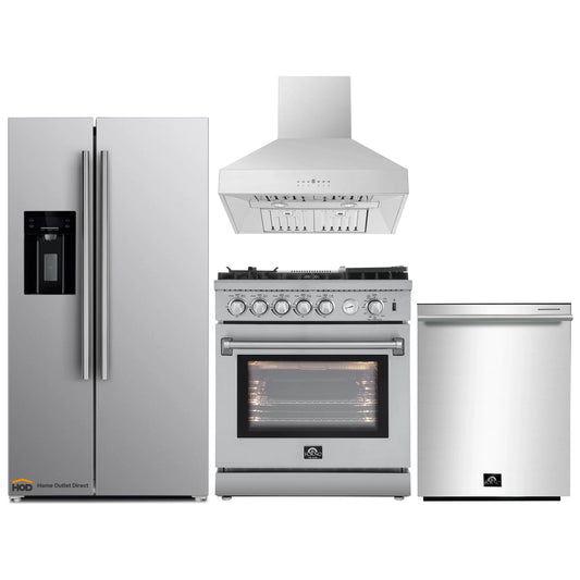 Forno 4-Piece Appliance Package - 30-Inch Gas Range with Air Fryer, Refrigerator with Water Dispenser, Wall Mount Hood, & 3-Rack Dishwasher in Stainless Steel - APW4-6276-30-H