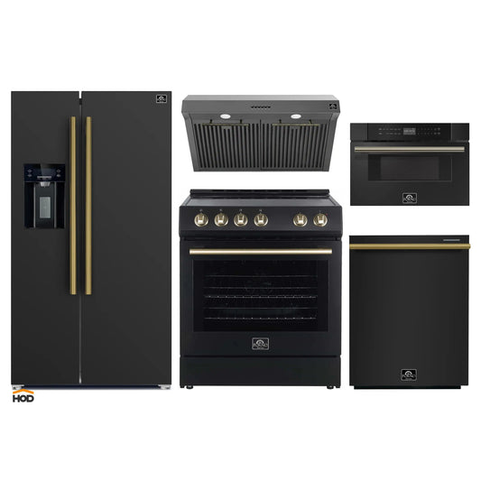 Forno 5-Piece Appliance Package - 30-Inch Electric Range, Under Cabinet Range Hood, Refrigerator with Water Dispenser, Dishwasher, and 30-Inch Microwave Drawer in Black with Antique Brass Trim - APW5-6012-30BLK-MWD30