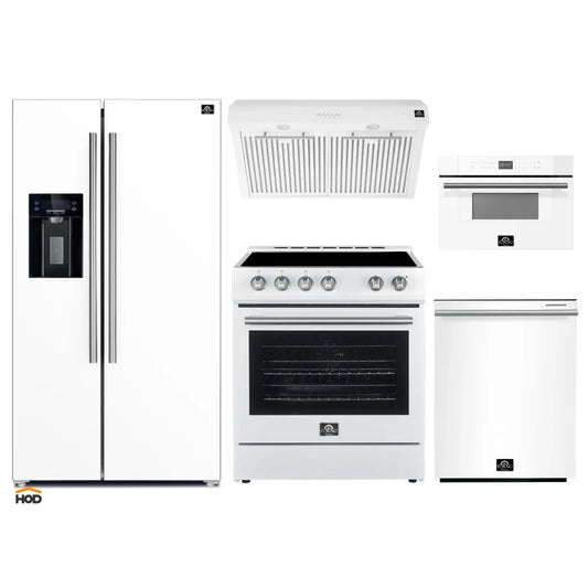 Forno 5-Piece Appliance Package - 30-Inch Electric Range, Under Cabinet Range Hood, Refrigerator with Water Dispenser, Dishwasher, and 30-Inch Microwave Drawer in White with Stainless Steel Trim - APW5-6012-30WHT-MWD30