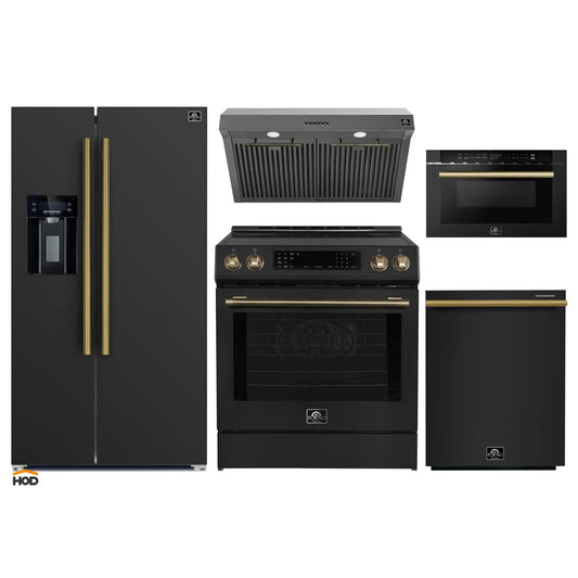 Forno 5-Piece Appliance Package - 30-Inch Induction Range, Under Cabinet Range Hood, Refrigerator with Water Dispenser, Dishwasher, and  Microwave Drawer in Black with Antique Brass Trim - APW5-905-30BLK