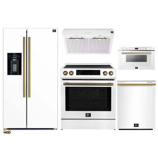 Forno 5-Piece Appliance Package - 30-Inch Induction Range, Under Cabinet Range Hood, Refrigerator with Water Dispenser, Dishwasher, and  Microwave Drawer in White with Antique Brass Trim - APW5-905-30WHT