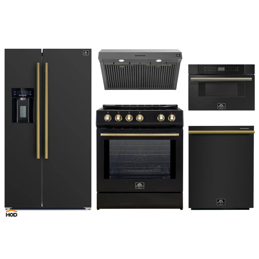 Forno 5-Piece Appliance Package - 30-Inch Induction Range, Under Cabinet Range Hood, Refrigerator with Water Dispenser, Dishwasher, and 30-Inch Microwave Drawer in Black with Antique Brass Trim - APW5-982-30BLK-MWD30