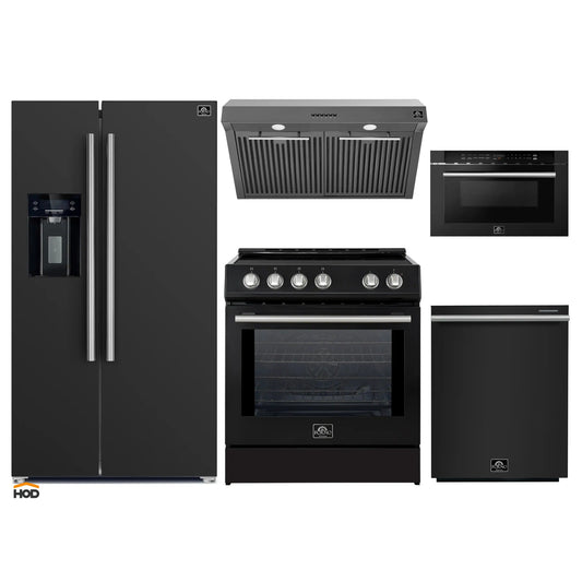 Forno 5-Piece Appliance Package - 30-Inch Induction Range, Under Cabinet Range Hood,  French Door Refrigerator with Water Dispenser, Dishwasher, and  Microwave Drawer in Black with Stainless Steel Trim - APW5-982-30BLK