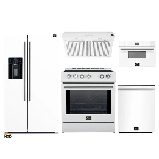 Forno 5-Piece Appliance Package - 30-Inch Induction Range, Under Cabinet Range Hood, Refrigerator with Water Dispenser, Dishwasher, and 30-Inch Microwave Drawer in White with Stainless Steel Trim - APW5-982-30WHT-MWD30