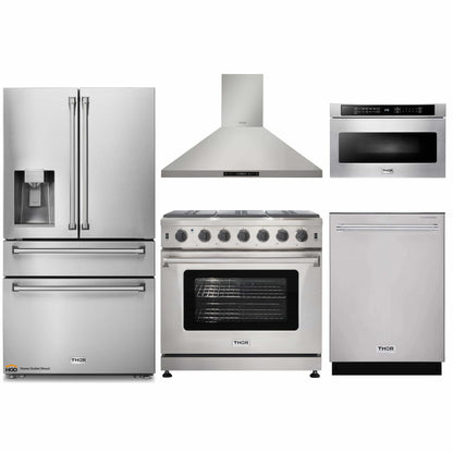 Thor Kitchen 5-Piece Appliance Package - 36-Inch Propane Gas Range, Refrigerator with Water Dispenser, Wall Mount Hood, Dishwasher, & Microwave Drawer in Stainless Steel - APW5-LRG36B-LP