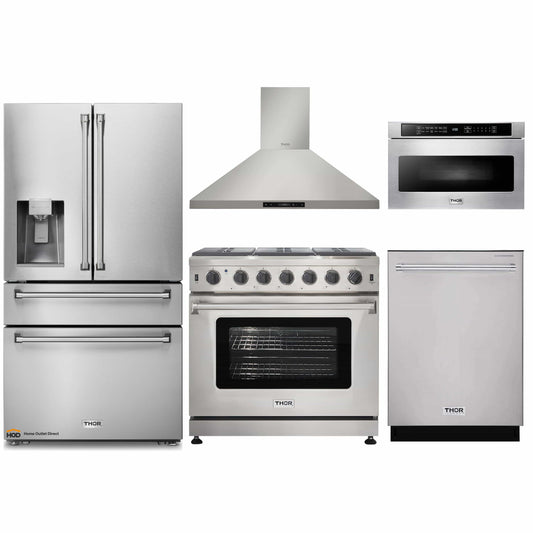 Thor Kitchen 5-Piece Appliance Package - 36-Inch Propane Gas Range, Refrigerator with Water Dispenser, Wall Mount Hood, Dishwasher, & Microwave Drawer in Stainless Steel - APW5-LRG36B-LP