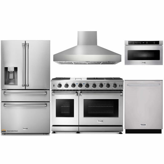 Thor Kitchen 5-Piece Appliance Package - 48-Inch Propane Gas Range, Refrigerator with Water Dispenser, Pro Wall Mount Hood, Dishwasher, & Microwave Drawer in Stainless Steel