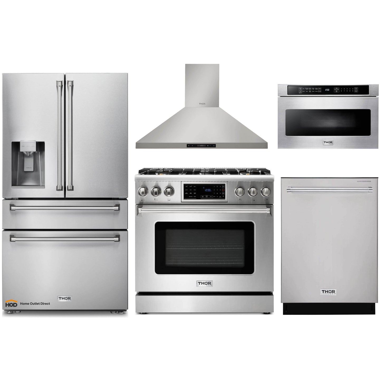 Thor Kitchen 5-Piece Appliance Package - 36-Inch Propane Gas Range, Tilt Panel, Refrigerator with Water Dispenser, Wall Mount Hood, Dishwasher, & Microwave Drawer in Stainless Steel - APW5-TRG36B-LP
